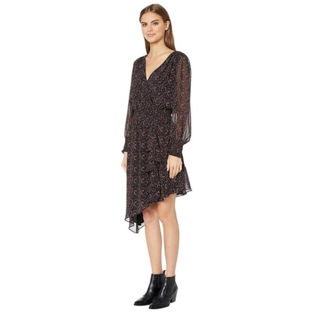 1.STATE Long Sheer Sleeve Floral Chiffon Asymmetric Hem Surplice Smocked Dress S